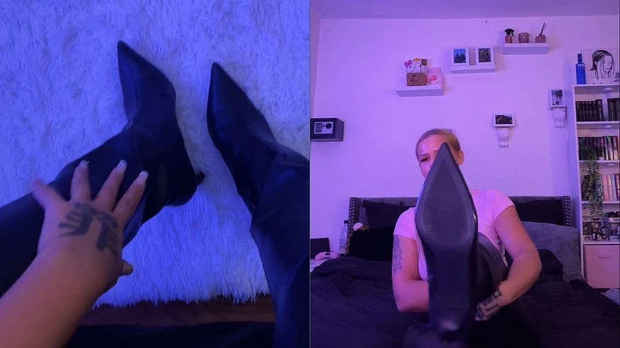 Jung Herrin Demuetigung in Lederhose und Lederstiefel