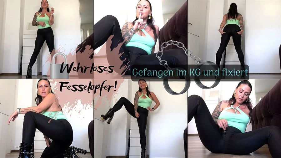 Wehrloses Fesselopfer Gefangen im KG und fixiert